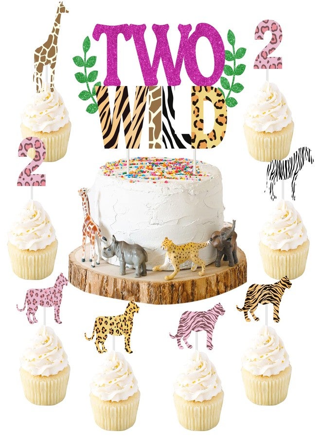 Funmemoir Two Wild Birthday Decorations for Girl - Two Wild Cake Topper, Animal Print Cupcake Toppers, 31 Pcs Jungle Safari Animal 2nd Birthday Party Cake Decorations - Image 1
